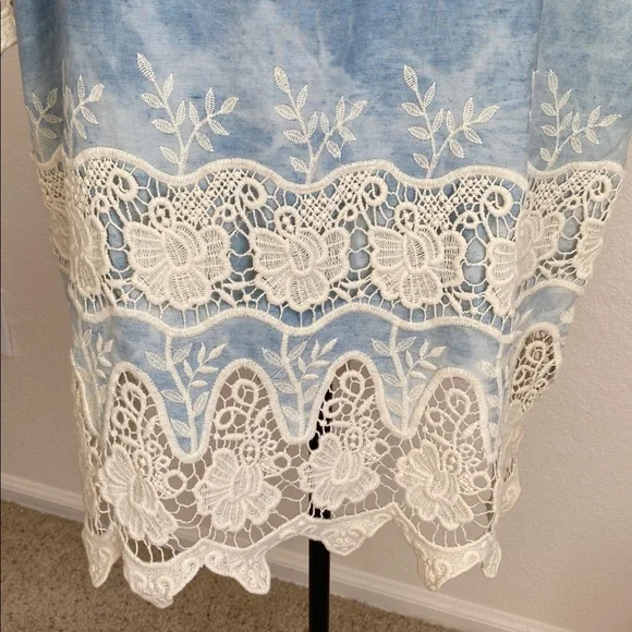 Boho Embroidered Lace-Trim Dress in Light Blue Tie-Dye - Picture 4 of 8